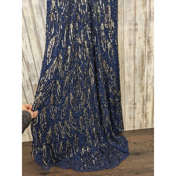 Mac Duggal Navy Midnight Blue Metallic Sequin Beaded Long Sleeve V-Neck Gown 8 - Picture 4 of 12